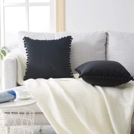 Fundas cojines, Terciopelo con Pompo decorativa para Sofá Cama Sala de Estar. color negro,