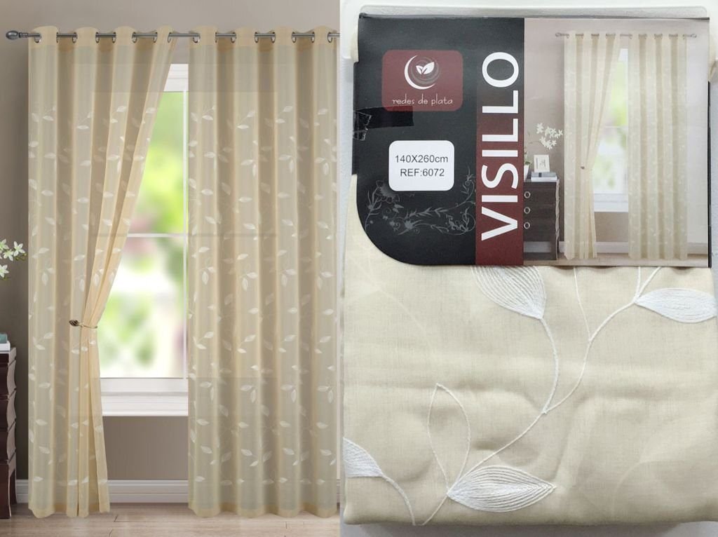 Cortina Bordadas visillo beis hojas en balcón con 8 ollaos bordado para Ventanas Puertas de Salón Habitación Dormitorio . - Imagen 2