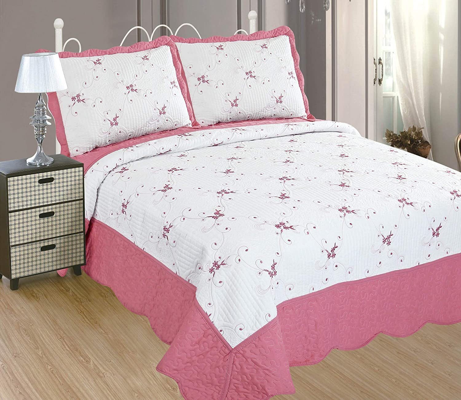 Colcha bouti Cama (C-2611) Cubrecama Bordada Cosida con Fundas para Primavera/Verano/otoño, Rosa. - Imagen 2