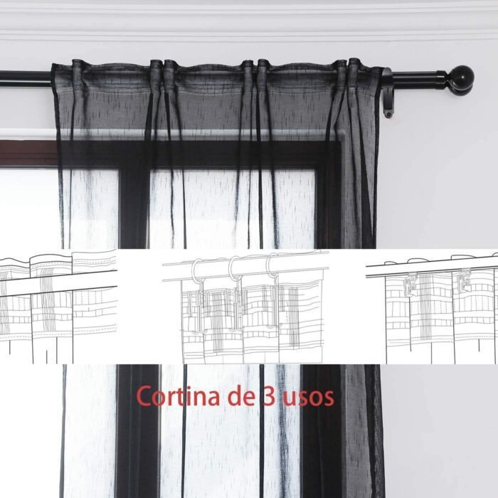 Cortinas translucido con 3 Formas de( uso) con diseño Lluvia Negro , para Salón, habitación, sala, visillos los medida, 140 x260 cm - Imagen 4