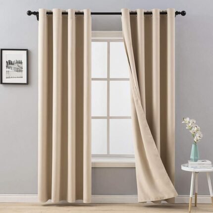 Cortina opacas en color beis lisa Súper Suave para Dormitorio Salón Habitación con 8 Ojales acero.