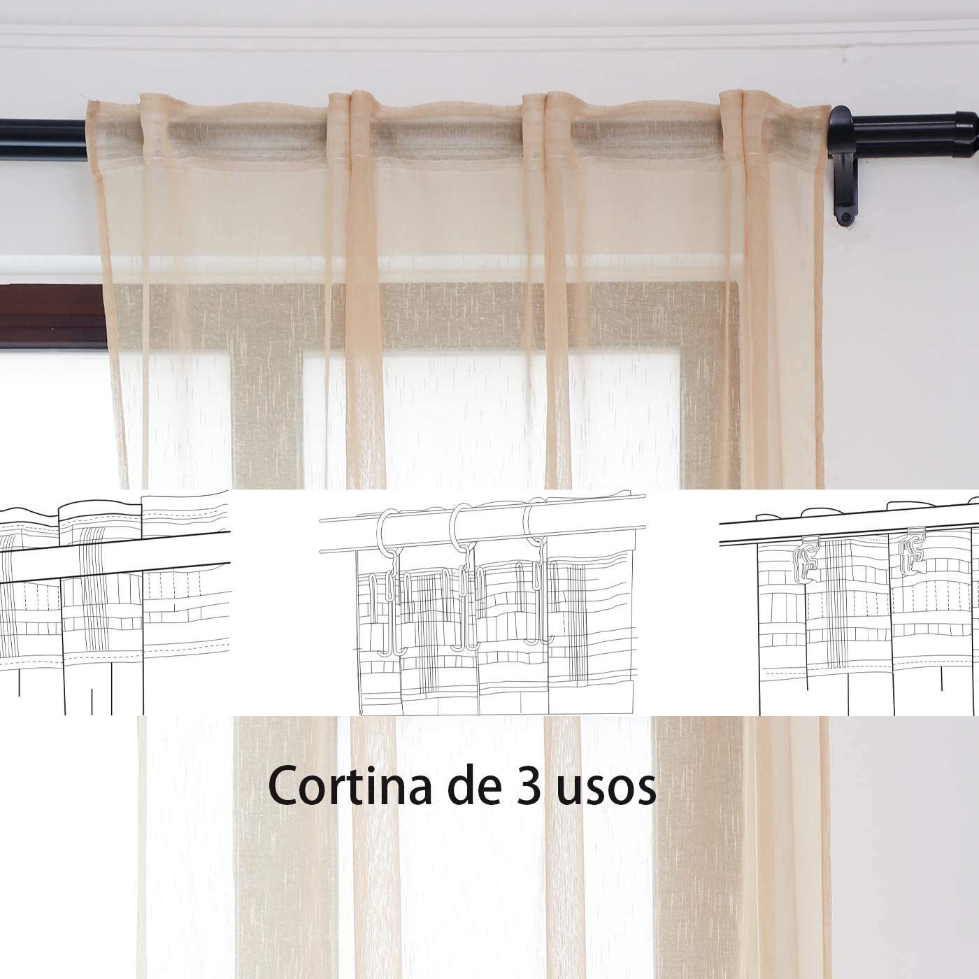 Visillos translucido con 3 Formas de( uso) con diseño Lluvia beis , para Salón ,Habitación. - Imagen 5