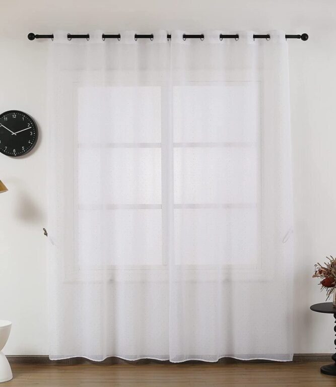 Visillos de dormitorio Lunares en Dorado Blanco, Traslucido para Salón Sala de Estar, Medidas (140x260cm).