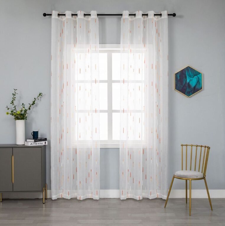 Cortina Salón ,Dormitorio ,Sala ,Habitación , en color Blanco con finos Hilos en color Naranja con 8 Ojales de Acero. - Imagen 4