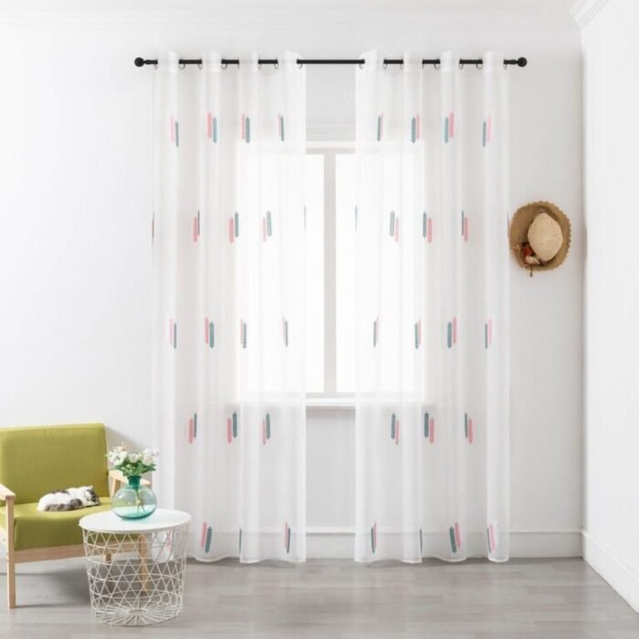 Cortina Sala ,Dormitorio, Habitación , Salón traslucida Fino bordado en Palos Amarillo y Agua con 8 Ojales de Acero. - Imagen 4