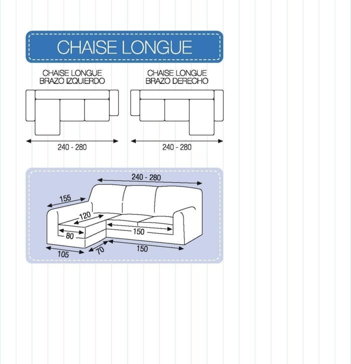 Funda Elástica para Sofá Chaise Longue, Brazo Izquierdo Brazo Derecho, según lo ves de frente   de tamaño desde 240 a 280 cm. - Imagen 3