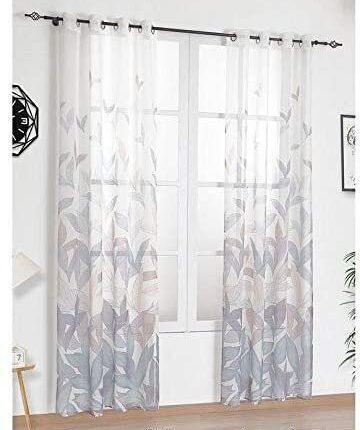 Cortina Visillo lila hojas Estampados para Salón Paneles con 8 Ojales acero para Sala Comedor  Habitación.