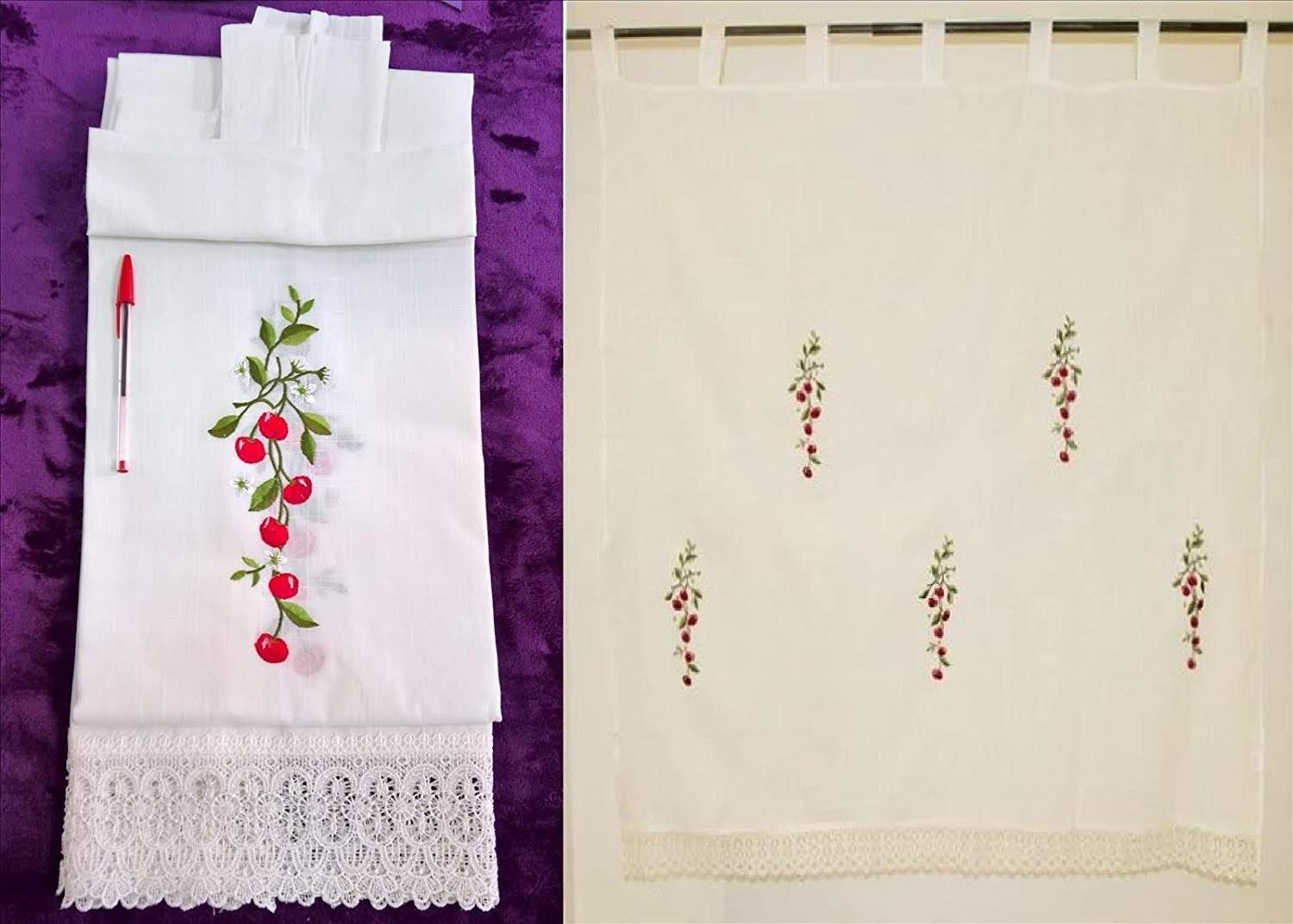Cortina blanca con cerezas bordadas y encaje presentada