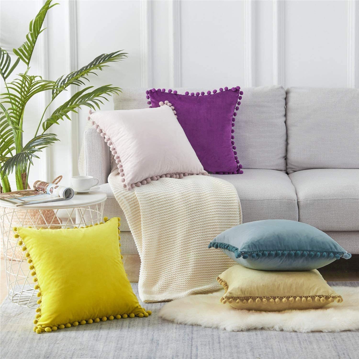 Fundas cojines, Terciopelo con Pompo decorativa para Sofá Cama Sala de Estar. color rosa, - Imagen 4