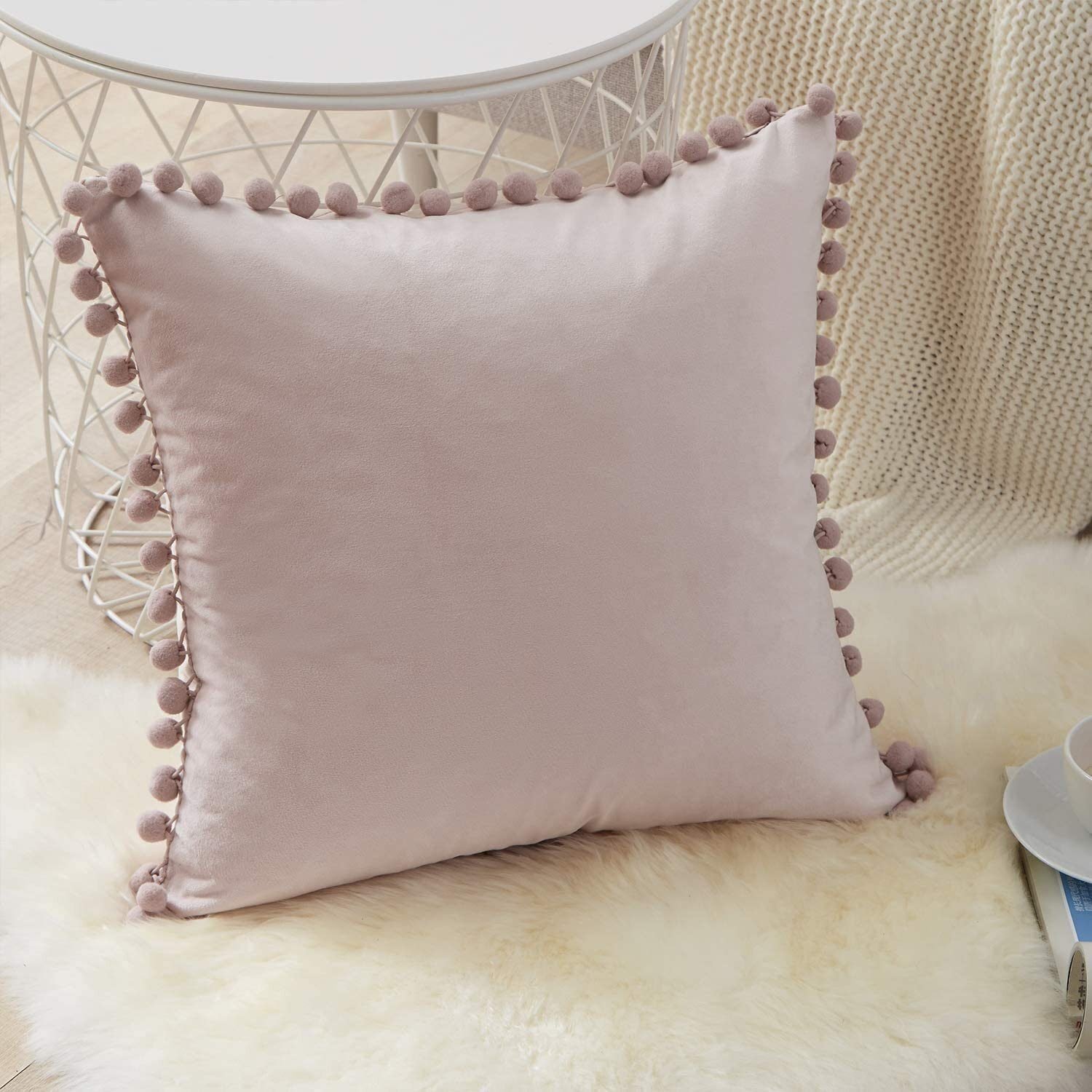 Fundas cojines, Terciopelo con Pompo decorativa para Sofá Cama Sala de Estar. color rosa, - Imagen 5