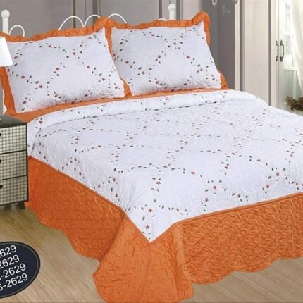 Colcha Boutí Cosida y Bordada, color Naranja Modelo(D-2629) Con Fundas cojines.