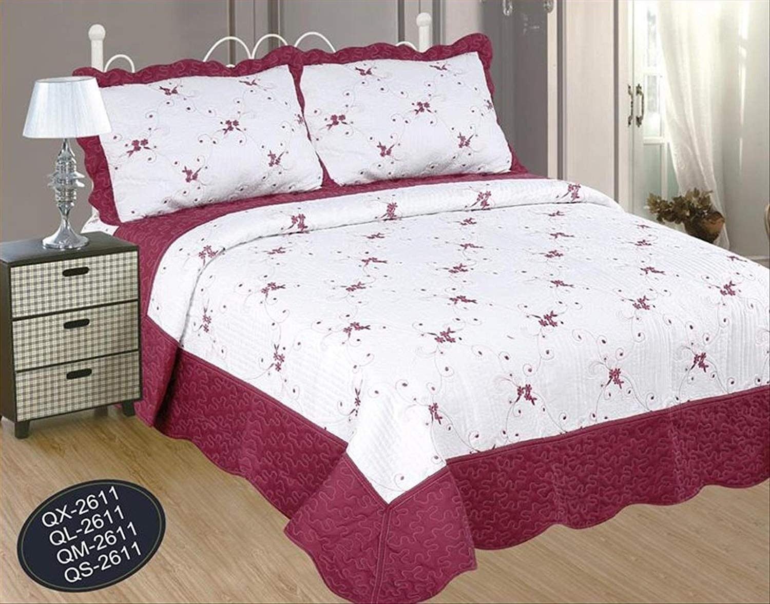 Colcha bouti Cama Cubrecama Bordada Cosida con Fundas para Primavera/Verano/otoño, (Q-2611) Granate. - Imagen 6