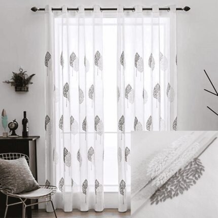 Cortina traslucida visillos bordados diseños hojas en gris para salon y habitaciones de 8 Ojales Acero,medidas,140 x 260 cm.