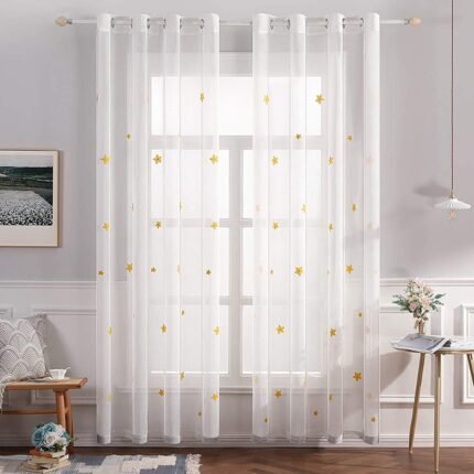 Cortina Visillo Bordado Infantil 140x260cm con Ojales Plateados. Diseño Estrellas