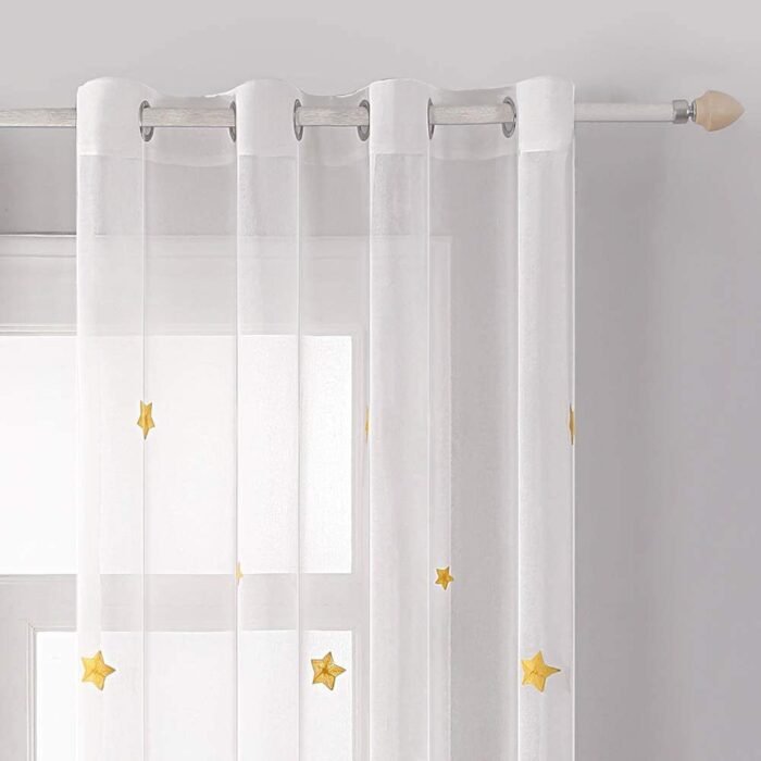Cortinas Bordada Translucida, Dormitorio Infantil Juvenil ,Ojales Plateados para Sala de Estar Cuarto Niño Habitación Patrón Estrella 140x260cm Amarillo - Imagen 7