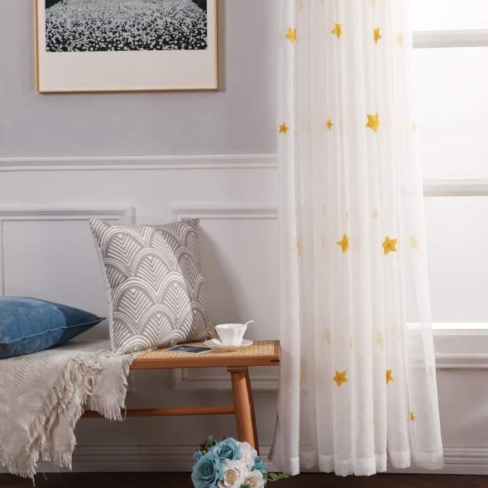 Cortinas Bordada Translucida, Dormitorio Infantil Juvenil ,Ojales Plateados para Sala de Estar Cuarto Niño Habitación Patrón Estrella 140x260cm Amarillo - Imagen 8