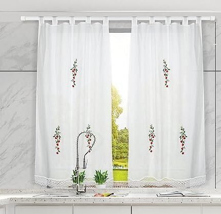Cortinas Cocina Bordadas Cerezas - Poliéster Translúcido