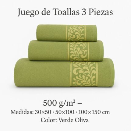 Juego de Toallas – 3 Piezas de Lujo | 100% Algodón Portugués | 500 g/m, Oro Verde Olivo