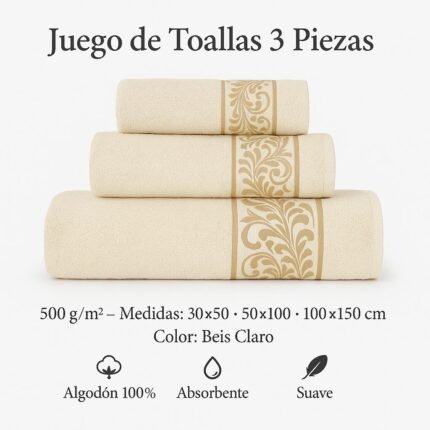 Juego de Toallas 3 Piezas de Lujo,100% Algodón Portugués, 500 g/m, Oro en Beis claro.