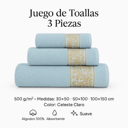 Juego de Toallas 3 Piezas 100% Algodón Portugués 500g/m² Súper Suaves, en Celeste