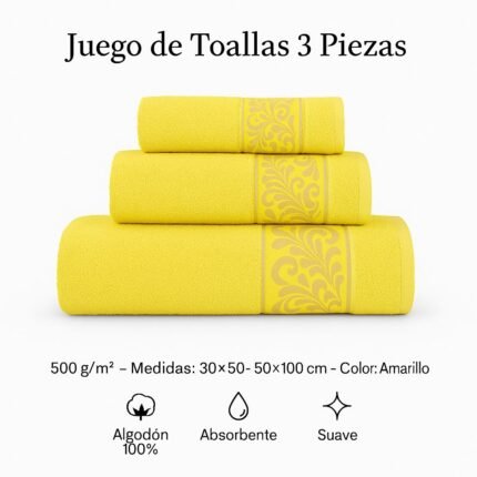 Juego de Toallas 3 Piezas de Lujo, 100% Algodón Portugués | 500 g/m, Oro en Amarillo.