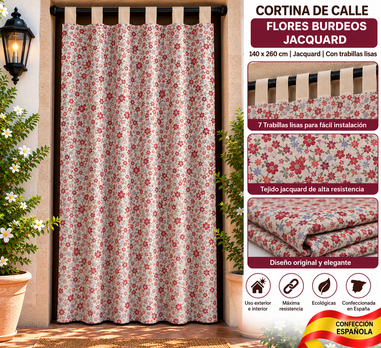 Cortina de calle Flor Vintage Roja 140x260 cm jacquard con 7 trabillas lisas