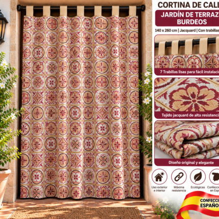 Cortina de calle Jardín Terrazo Burdeos 140x260 cm jacquard con 7 trabillas lisas