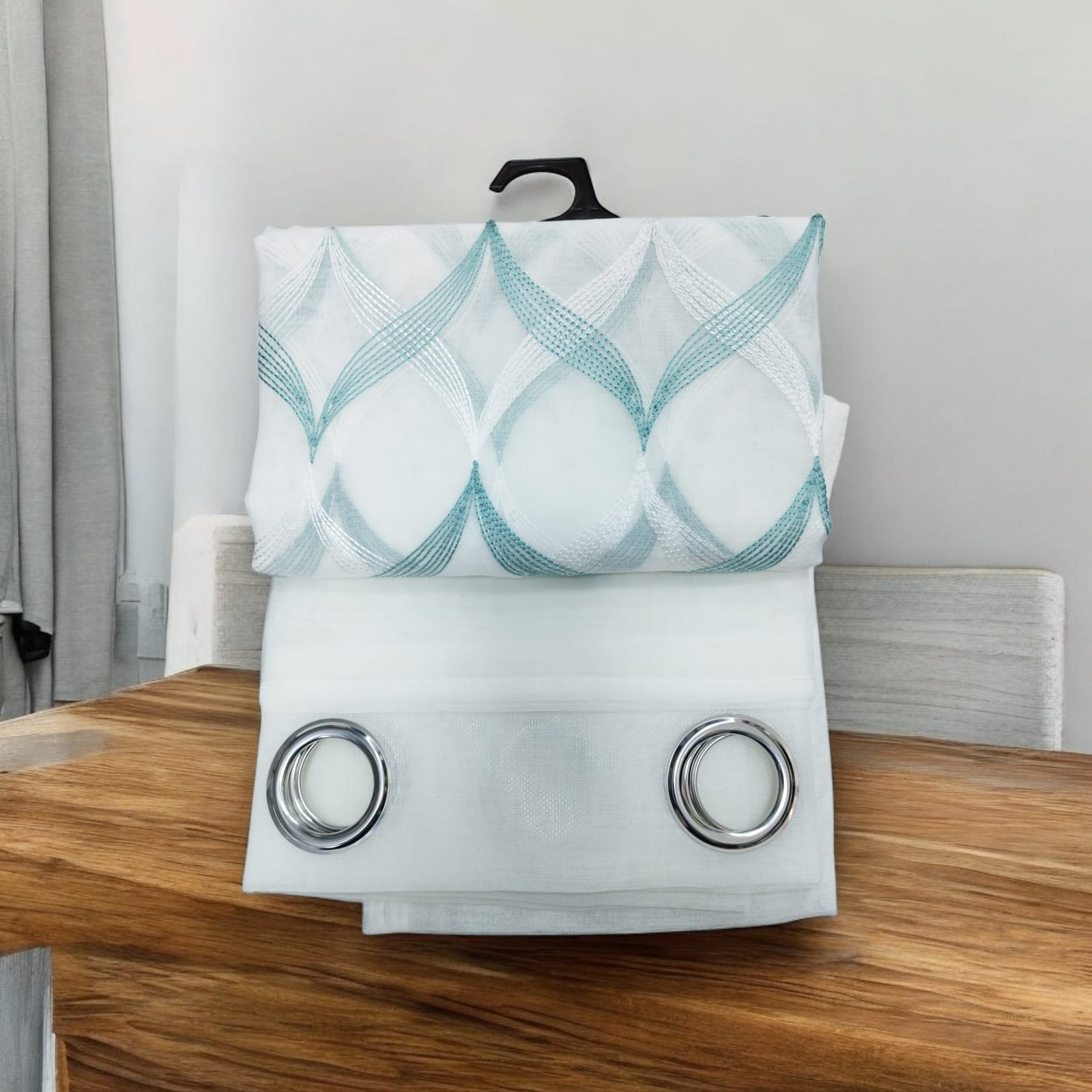 Cortina de visillo bordado Zigzag,en Agua para sala, habitación con 8 ollaos de acero-Mercatienda.es - Imagen 2