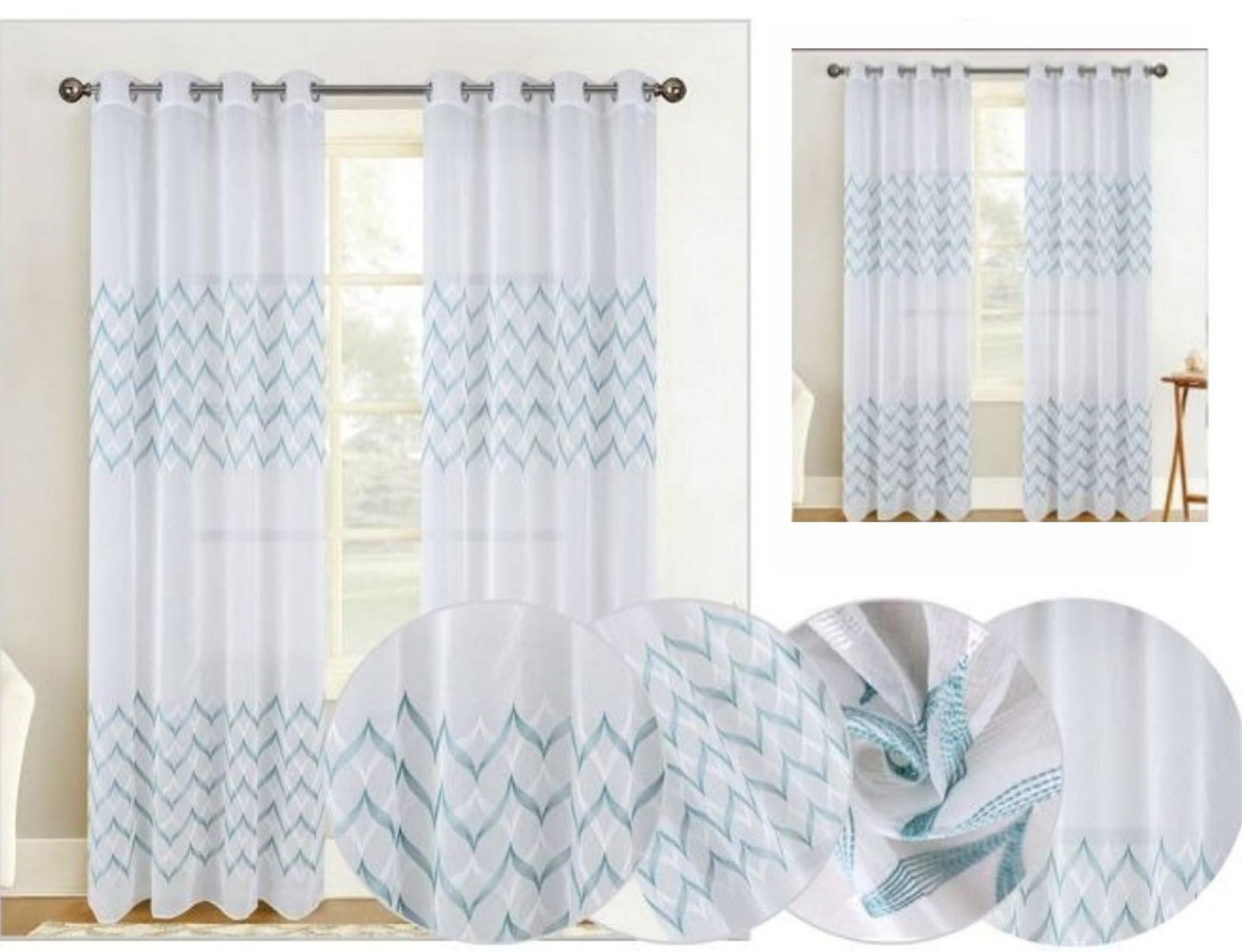 Cortina de visillo bordado Zigzag,en Agua para sala, habitación con 8 ollaos de acero-Mercatienda.es