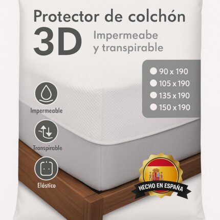 Protector de colchón 3D impermeable y transpirable | 90, 105, 135,190, 150 cm Largo 190 cm