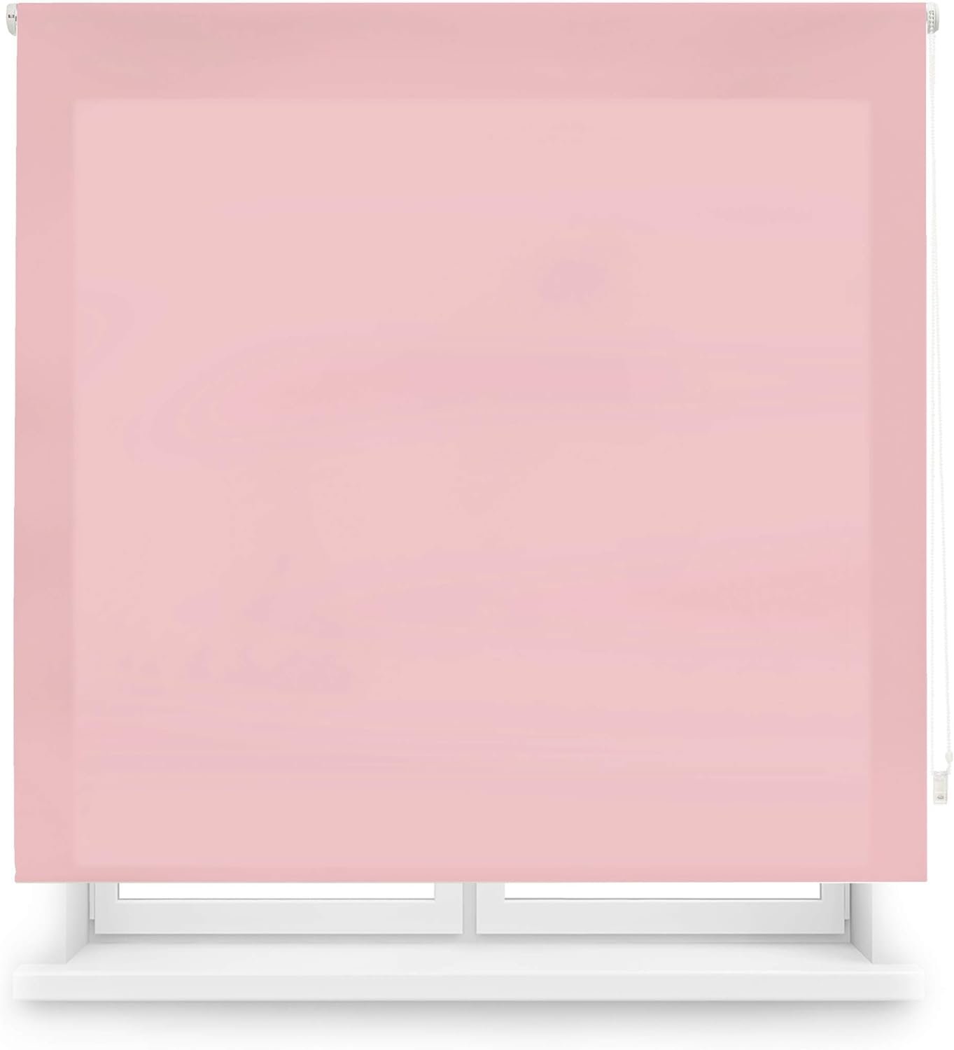 Estor enrollable rosa instalado en ventana
