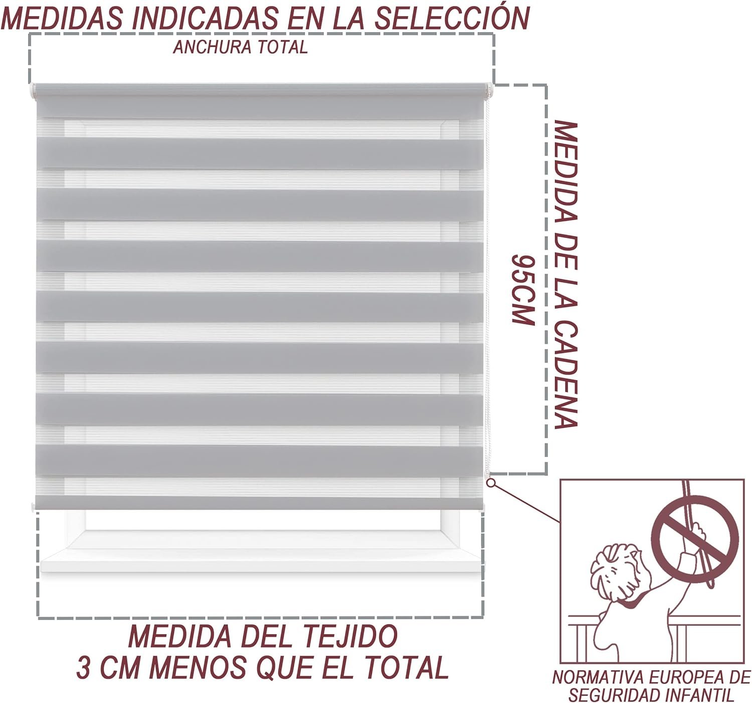 Estor Enrollable Gris de Doble Capa Noche y Día para salón, cocinas y baños Persiana Enrollable para Ventana. - Imagen 10