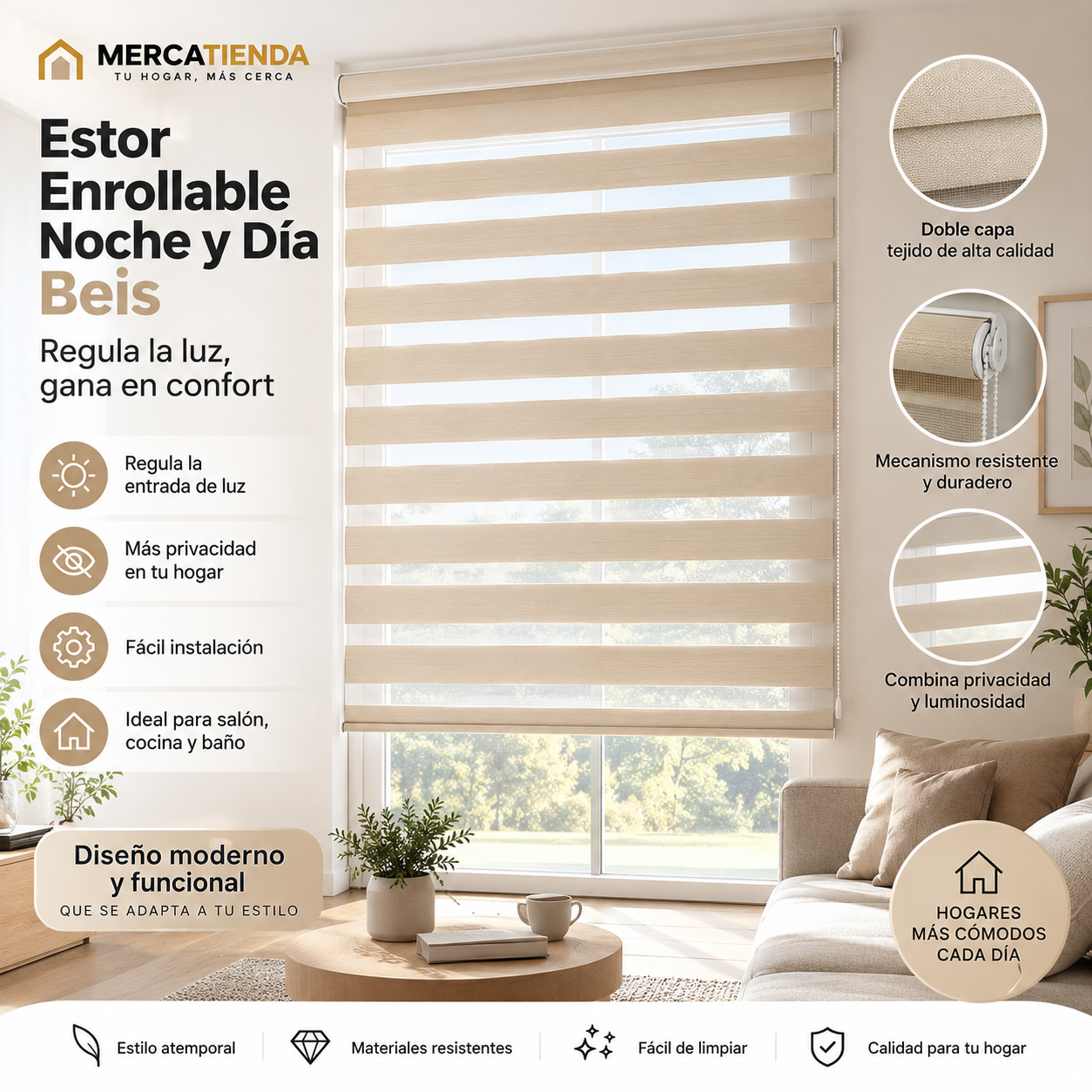 Estor enrollable noche y día beis de doble capa Mercatienda