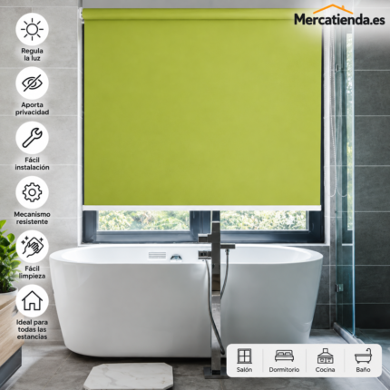Estor enrollable verde hierba instalado en baño, Mercatienda.es