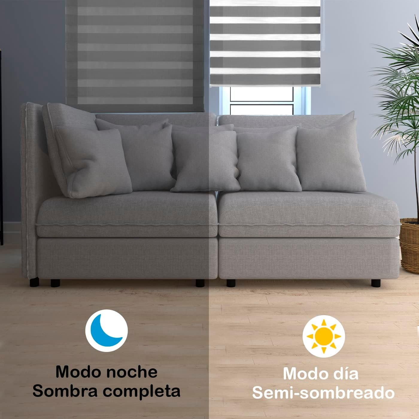 Estor enrollable doble capa en Gris claro Noche y Día para salón, cocina y baño. - Imagen 5