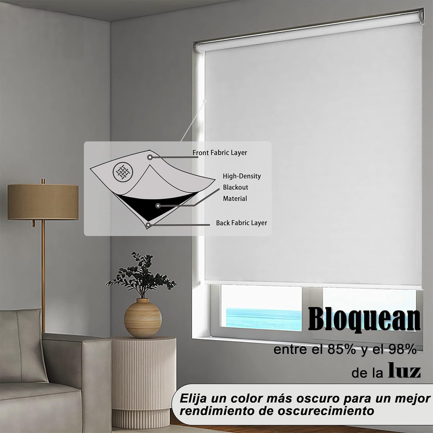 Estor Enrollable Opaco en Blanco Lockout para Puertas y Ventanas - Ajustable - Imagen 3