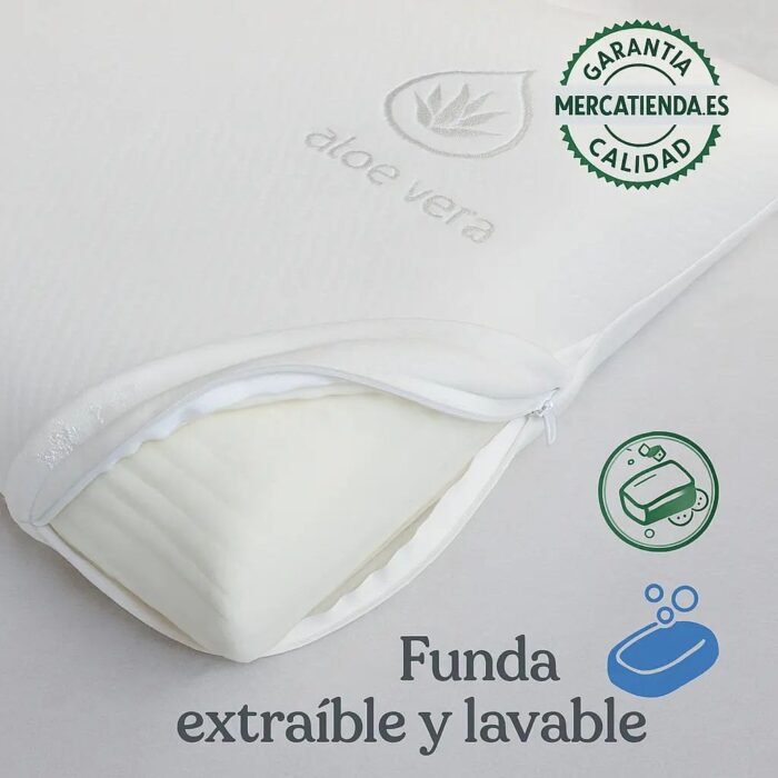 Almohada Viscoelástica Aloe Vera | Núcleo de Alta Densidad, Funda Extraíble y Transpirable | Antialérgica, Ergonómica y con Tratamiento Calmante | Hecha en España - Imagen 4