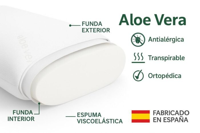 Almohada Viscoelástica Aloe Vera | Núcleo de Alta Densidad, Funda Extraíble y Transpirable | Antialérgica, Ergonómica y con Tratamiento Calmante | Hecha en España - Imagen 9