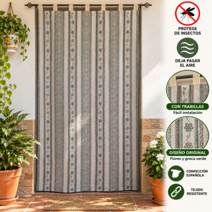 Cortina antimoscas para puerta con flores y greca verde, 140 x 260 cm
