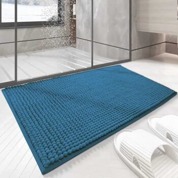 Alfombra Baño Antideslizante Suave Absorbente Color Azul Océano Sólido con Dibujo Geométrico para Baño .