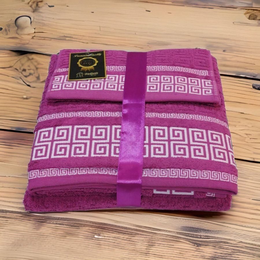 Toallas de baño de %100 algodón Portugués de alta calidad Juego de toallas Grego en Fucsia gruesas y duraderas de 600g.