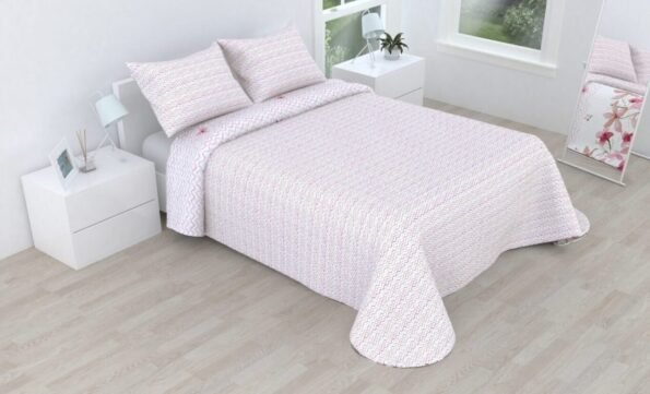 Colcha bouti marca Victorio & Lucchino cosida reversible cubre cama con Fundas 50x70 cm modelo Mayca Color Rosa para primavera / verano / otoño.