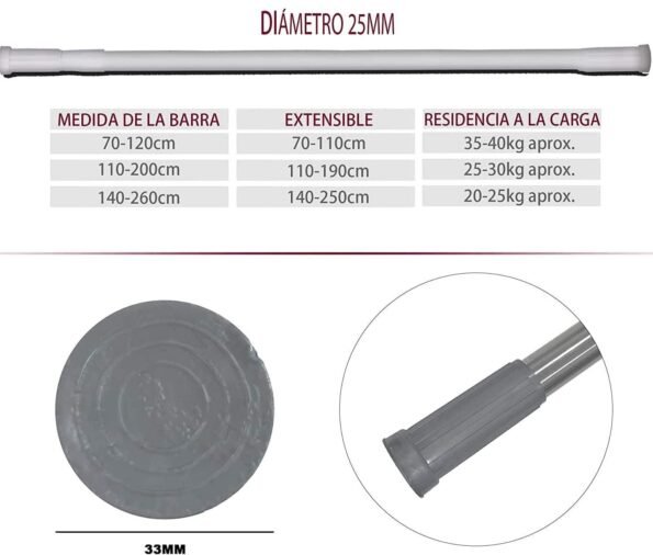 Barra Extensible de Aluminio 25mm - Montaje Fácil Sin Taladro