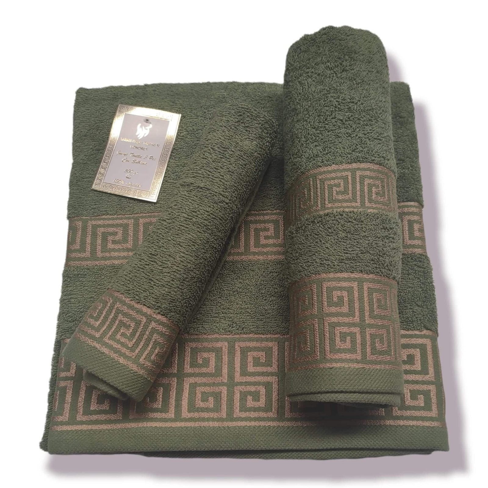 Toallas baño juego de 3 Piezas Rizo 500gr, modelo Londres algodón %100 Baño color Verde oscuro hecho en España..