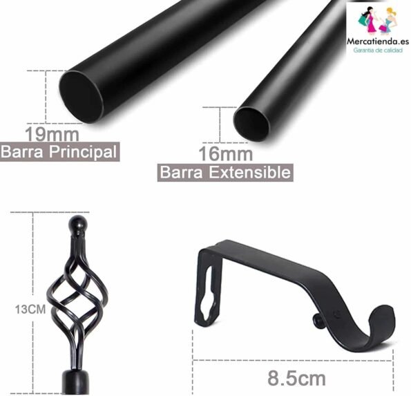 Barra de Cortina Extensible Negra con Terminales Piña