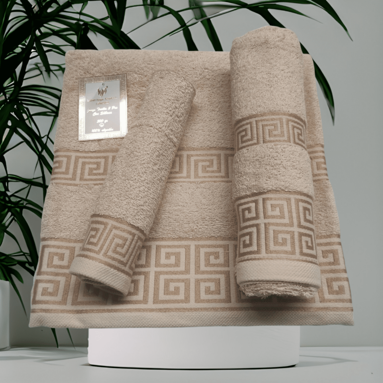 Toallas Baño Rizo 500 gr algodón %100 juego de 3 piezas, modelo Londres color beige hecho en España.