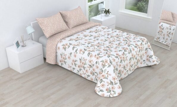 Colcha bouti marca Victorio & Lucchino cosida reversible cubre cama con Fundas 50x70 cm modelo Vera Color Salmón para primavera / verano / otoño