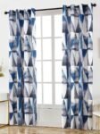 Cortina tela sala, dormitorio ,salón con estampado triangulo juvenil con 8 ollaos de acero color azul..