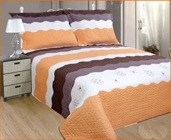 Colcha bouti Cosida reversible, cama 150 cm, tamaño 240 x 260 cm, con fundas de cojin 50x70cm Estampada cosida, Naranja, Chocolate y Blanco.