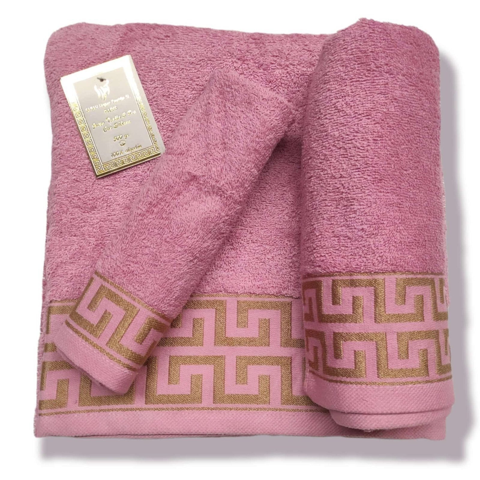 Toallas Baño algodón %100 juego de 3 Piezas Rizo 500gr, modelo Paris color Malva hecho en Portugal.